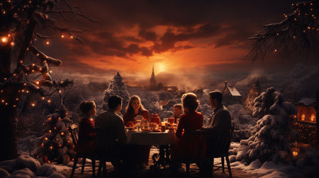 Christmas dinner in the old town. Three girls are sitting at the table and talking.の素材