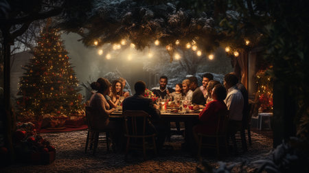 Group of friends having dinner in a restaurant with Christmas tree in the backgroundの素材