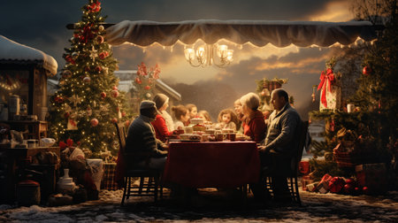 Group of people having Christmas dinner in front of the Christmas treeの素材