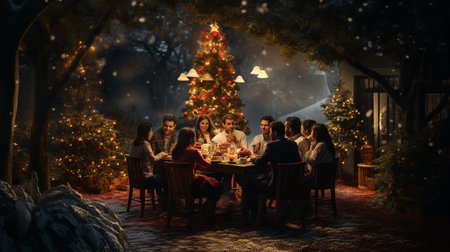 Group of friends having a dinner at the table on the background of the Christmas treeの素材