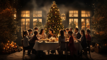 Happy family celebrating Christmas at home. People sitting around the table and having fun.の素材