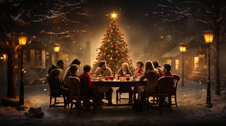 Group of friends sitting around table and having Christmas dinner in the snowの素材