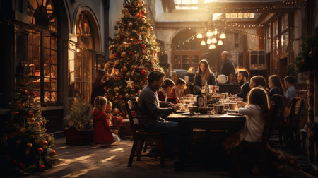 Merry Christmas and Happy Holidays! Group of people having dinner at home.の素材