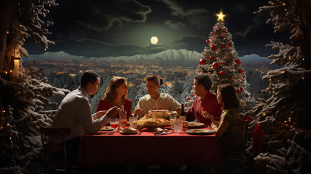 Happy family celebrating Christmas at the table in front of a beautiful backgroundの素材