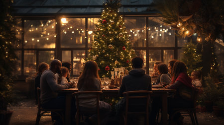 Group of friends sitting at table and having dinner in restaurant, looking at Christmas treeの素材