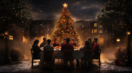 Group of friends sitting around the table with Christmas tree in the backgroundの素材