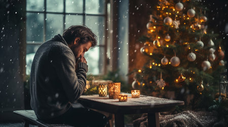 Man sitting at the table in front of the Christmas tree and holding a candleの素材