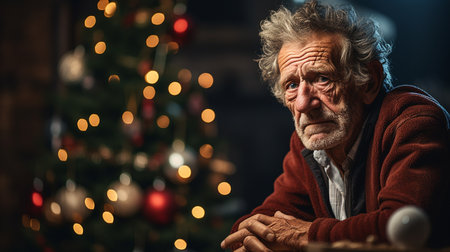 Portrait of an old man sitting in front of a Christmas treeの素材