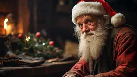 Portrait of Santa Claus sitting in his living room at Christmas timeの素材