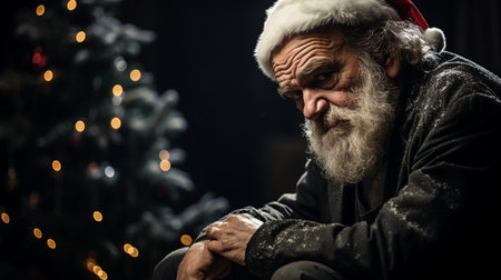 Portrait of an old man with a long gray beard and a cap of Santa Claus on the background of a Christmas treeの素材