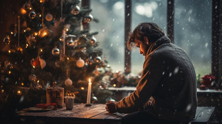 A young man in a warm sweater is sitting at the table and reading a book near the Christmas tree.の素材