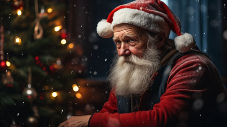 Portrait of an old man with a long white beard and a cap of Santa Claus on the background of a Christmas tree.の素材