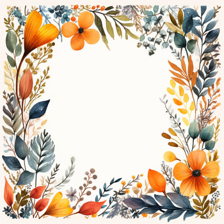 Watercolor floral frame. Hand painted flowers and leaves isolated on white background.の素材