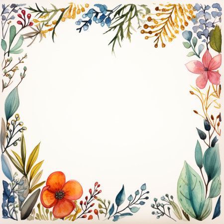 Watercolor floral frame with flowers, branches and leaves on white backgroundの素材