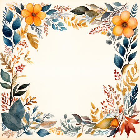 Watercolor floral frame with flowers, leaves and branches. Hand drawn illustrationの素材