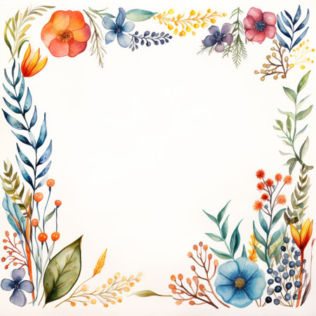 Watercolor floral frame. Hand painted flowers and leaves on white background.の素材