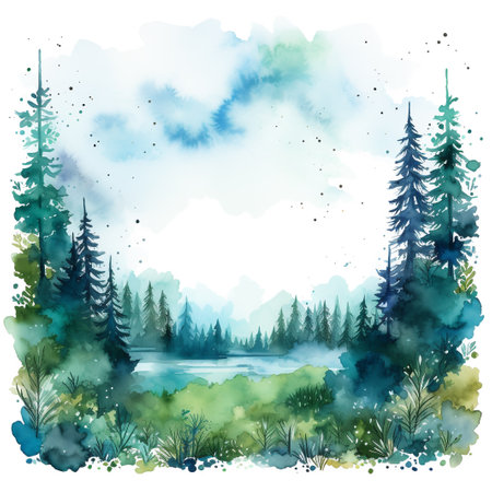 Watercolor landscape with forest and lake. Vector illustration for your designの素材