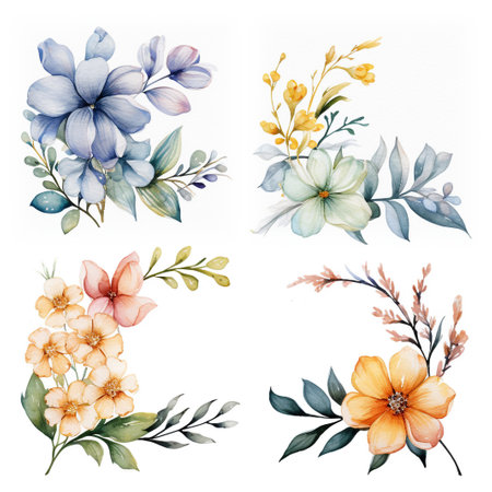 Set of watercolor floral compositions, hand painted isolated on white backgroundの素材