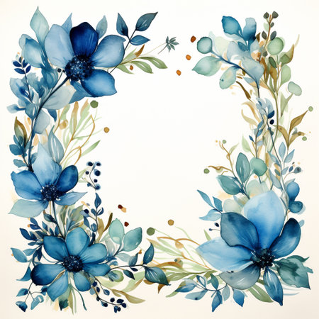 Watercolor floral wreath with blue flowers and leaves. Hand painted illustration.の素材