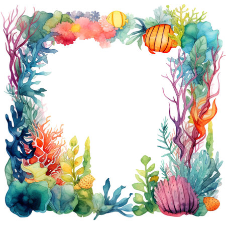 Watercolor frame with corals and algae. Hand drawn illustration.の素材