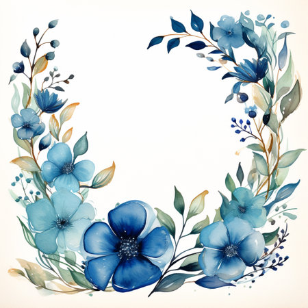 Watercolor floral wreath with blue flowers and branches on white backgroundの素材