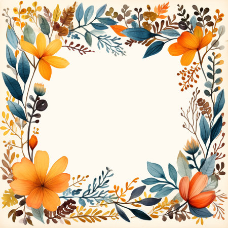 Vintage floral frame with autumn leaves and flowers. Vector illustration.の素材