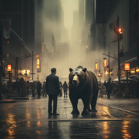Couple walking on the street with a big brown bear in the backgroundの素材