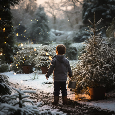 Little toddler boy, standing in front of a Christmas tree, enjoying the snowの素材