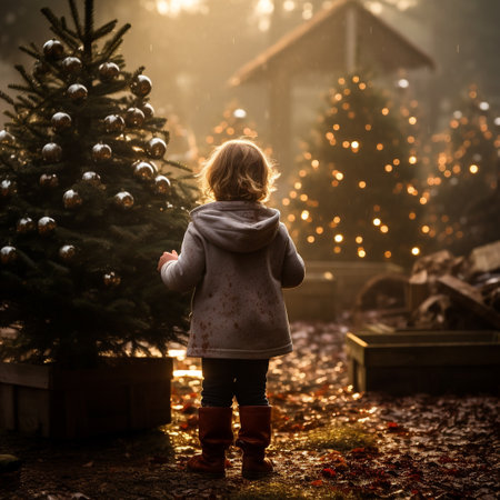 Adorable little girl in warm clothes standing in front of Christmas tree.の素材