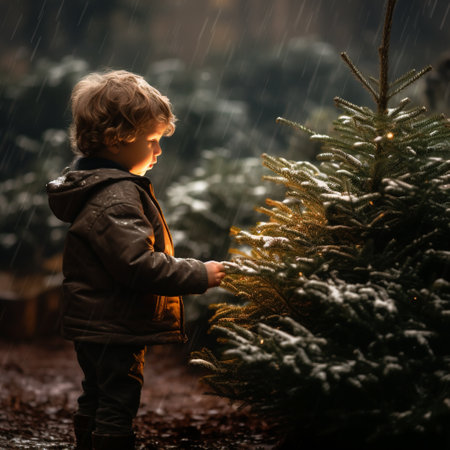 Cute little toddler boy rating christmas tree outdoors on rainy dayの素材