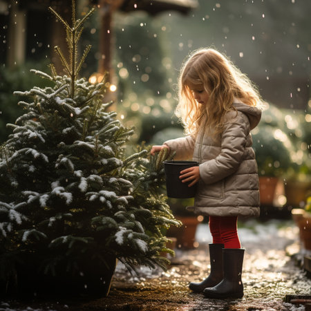 Adorable little girl having fun on Christmas market outdoors. Cute child choosing Christmas tree. Xmas shopping conceptの素材