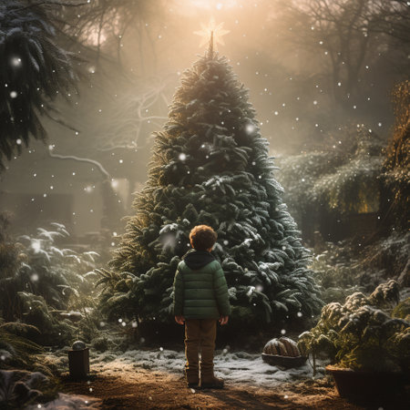 Little boy standing in the middle of a snowy forest and looking at a Christmas treeの素材