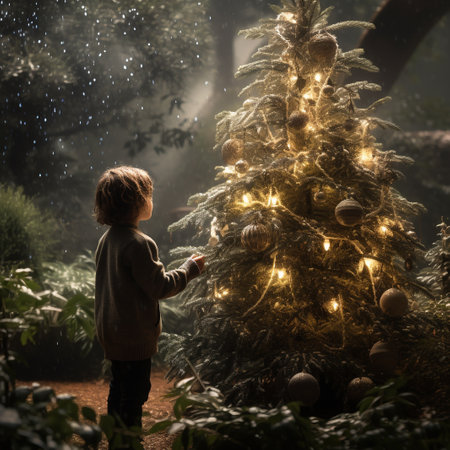 Little boy decorating a Christmas tree at night in the forest.の素材