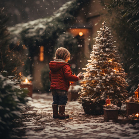 Adorable little kid boyrating christmas tree outdoors on snowy winter dayの素材