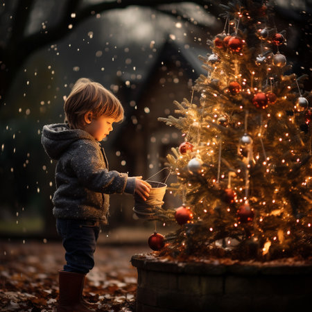 Adorable little boy decorating christmas tree outdoors. Happy childhood.の素材
