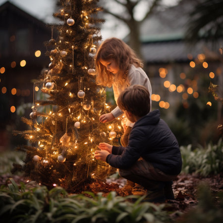 Little boy and girl decorating christmas tree with garland lights at marketの素材
