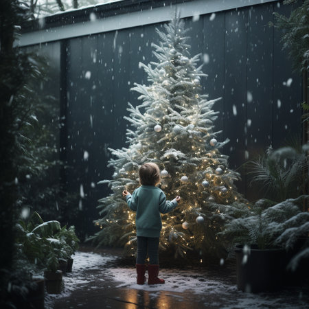 Little toddler boy rating Christmas tree with snow, winter timeの素材