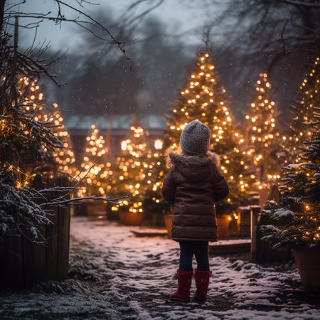 A little girl stands in the yard and looks at the Christmas tree.の素材