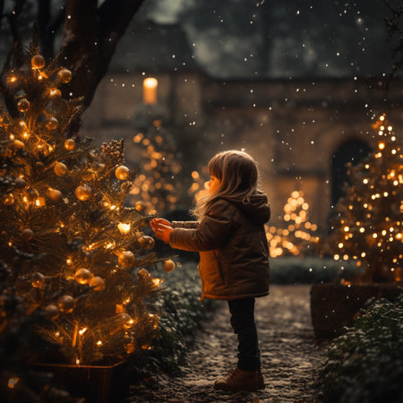 Adorable little girl decorating a Christmas tree outdoors. Happy child having fun on winter holidays.の素材