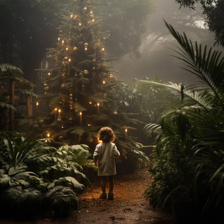Little girl in the forest with Christmas tree in the background. Christmas and New Year concept.の素材