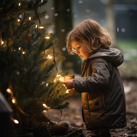 Cute little boy decorating christmas tree at night outdoors.の素材