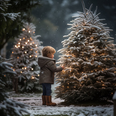 Little boy standing in front of christmas tree in snowfall.の素材