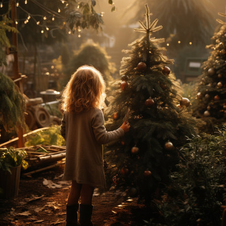 Little girl choosing a Christmas tree at a fair. Happy childhood.の素材