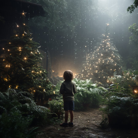 Little boy in a dark forest at night with Christmas tree and lightsの素材