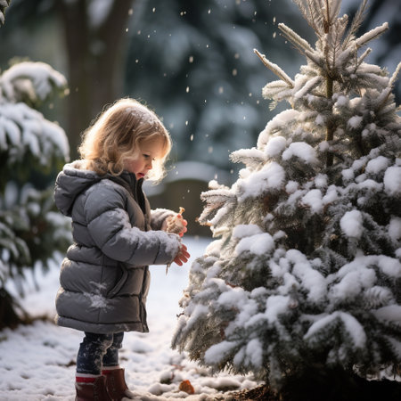 Adorable little girl having fun on beautiful winter day outdoors. Cute child playing with Christmas tree.の素材