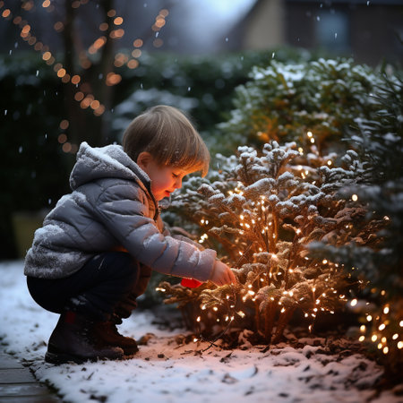 Cute little toddler boy rating christmas tree with garland lights, outdoorsの素材