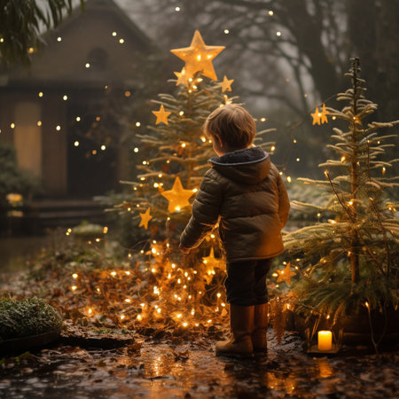 Little toddler boy, standing in a puddle and looking at a Christmas tree decorated with lightsの素材