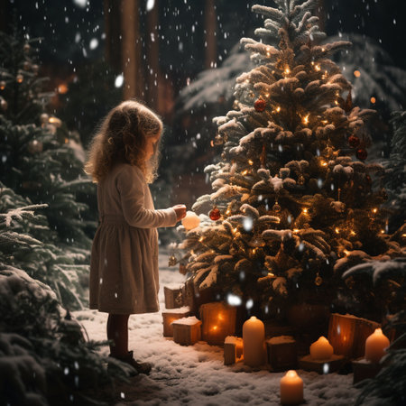 Little girl decorating christmas tree at night in winter forest.の素材