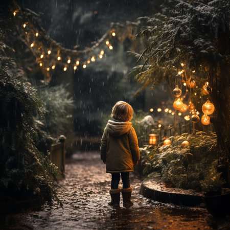 Little girl in a raincoat walking through a snowy forest with Christmas decorationsの素材
