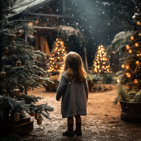 Little girl standing in front of a Christmas tree on a snowy winter dayの素材